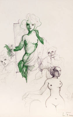 N°124 femme aux cheveux verts, encre de chine, plume et crayon de couleur sur papier, 24,5 x 16 cm