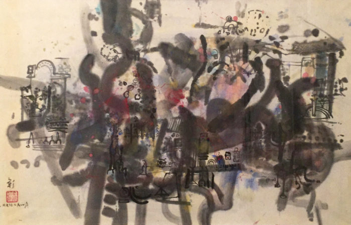 SH5 Visite dans un village, technique mixte sur papier SH5 Visite dans un village, technique mixte sur papier